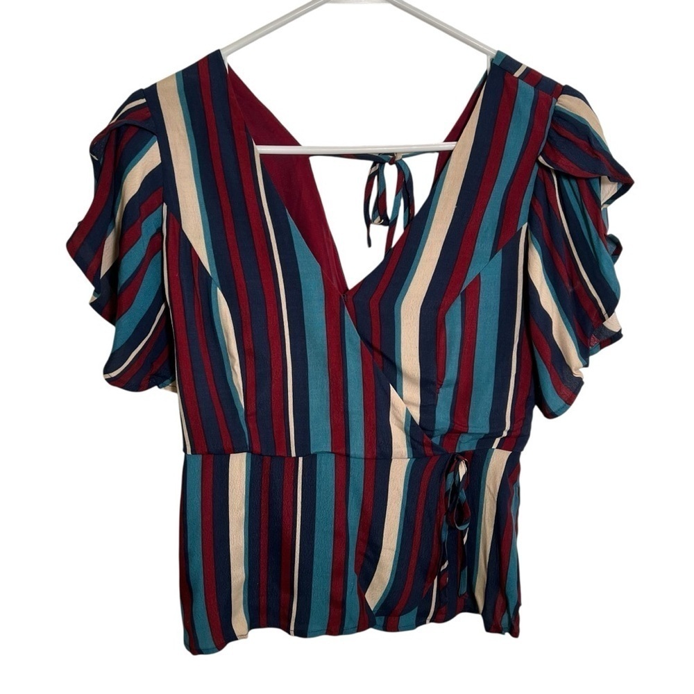 Band of Gypsies Women's Size Small Blouse Striped Peplum Surplice Neck Open Back